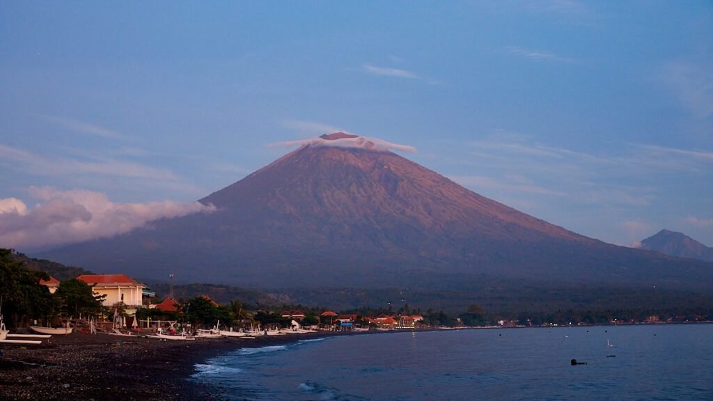 View to mount Agung at sunrise in Amed, Bali